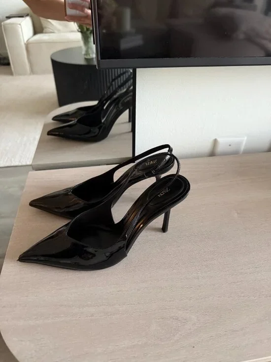 ZARA Black Patent Slingback Heels – Pointed Toe Stiletto Pumps - Picture 8 of 9